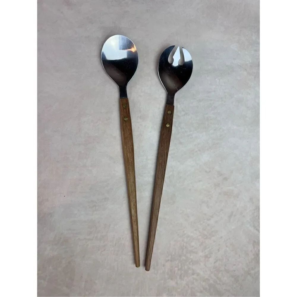 Vintage 1970s Stainless Steel Salad Fork Spoon Wood Handle Mid Century Modern Ja